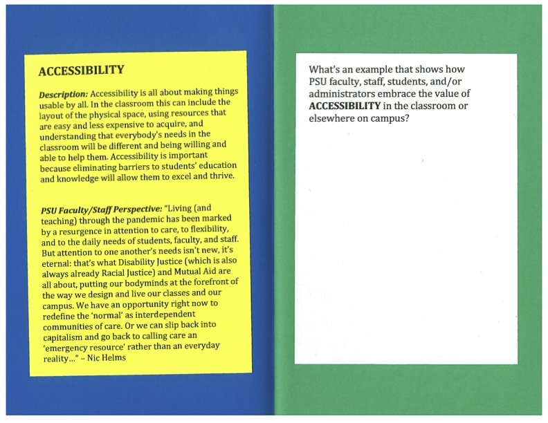 workbook pages defining accessibility and inviting reflection on examples at PSU